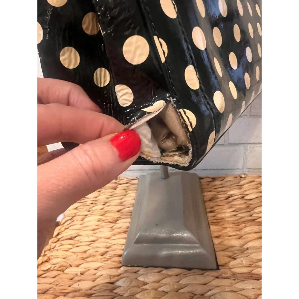 Kate Spade New York Polka Dot Patent Leather Shoulder Bag Black Cream Tote